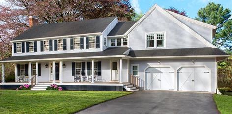 Colonial Garage Addition, Colonial Garage, Garrison Colonial, Lexington Massachusetts, Farmers Porch, Garage Door Types, Louvered Shutters, Clapboard Siding, Garage Addition