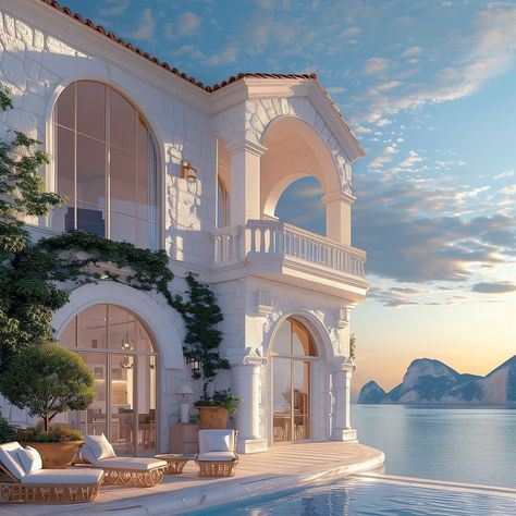 Santorini Villas, Luxury Homes Exterior, Homes Exterior, Mansion Designs, Living Room Furnishings, Dream Vacations Destinations, Bedroom Furnishings, Cozy Farmhouse, Stunning Interiors