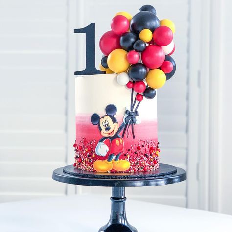 Mickey mouse-inspired ombre birthday cake First Birthday Themes For Boys, Mickey Birthday Cakes, Bolo Panda, Toddler Birthday Cakes, Mickey Mouse Birthday Decorations, Black And White Balloons, Mickey First Birthday, Mickey 1st Birthdays, Mickey Mouse Birthday Cake