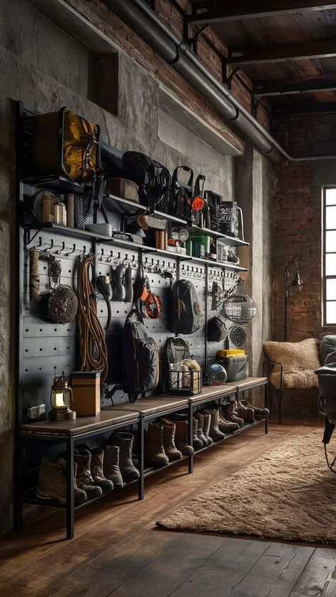 An industrial-styled room with a metal camping gear wall, displaying outdoor gear in a rugged, organized manner. Camping Gear Wall, Gear Room Organization, Gear Room Ideas, Outdoor Gear Storage, Gear Organization, Adventure Room, Gear Wall, Gear Room, Wall Storage Systems