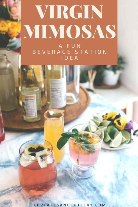 This Virgin Mimosa Beverage Bar idea is great for family parties with kids and also baby showers! If you're looking for a fun non alcoholic drink idea to serve, this is it! #virginmimosa #nonalcoholicdrinks #babyshowerdrinks #virgindrinks #mocktails Virgin Mimosas, Virgin Mimosa, Fun Kids Drinks, Non Alcoholic Mimosa, Kid Drinks Recipes, Smoothie Recipes For Breakfast, Best Mixed Drinks, Mint Drink, Virgin Drinks