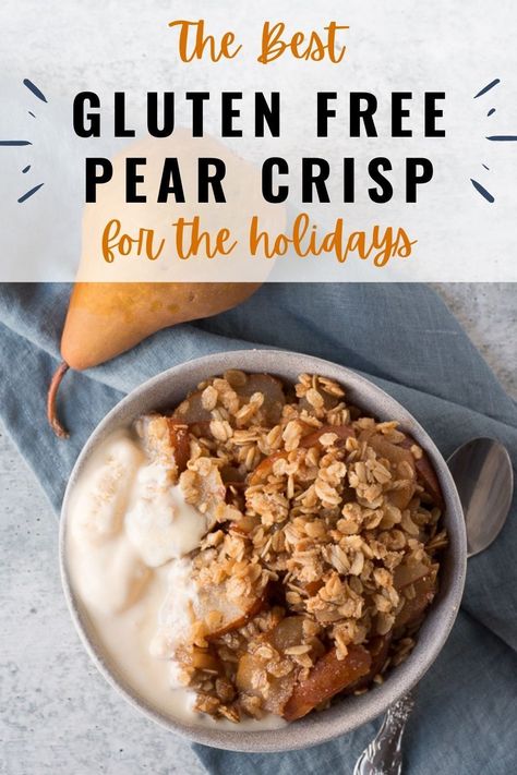 This Pear Crisp recipe is an easy, gluten free dessert made in one bowl. Made with fresh pears, it's baked to perfection with a crunchy topping of oats, almond flour, cinnamon, butter, and maple syrup. Eat it after dinner then save the leftovers for breakfast! A fantastic option for Thanksgiving dessert too. Pear Crisp Recipe, Easy Gluten Free Dessert, Pear Recipes Easy, Gluten Free Crumble, Pear Crisp, Gluten Free Dessert, Pear Crumble, Pear Dessert, Gf Food