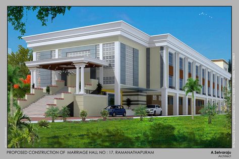 Convention hall - Karaikudi by Ar.Selvaraj 9840075611 Kalyana Mandapam Elevation Design, Convention Hall Elevations, Event Hall Design Plan, Event Hall Design Exterior, Indian Banquet Hall Design Exterior, Barangay Hall Design, Function Hall Elevation Design, Function Hall Design Exterior, Marriage Hall Elevation