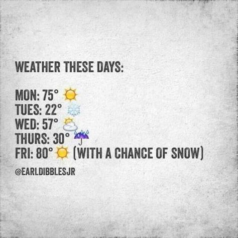 3. It's funny because we know it's going to happen about once each year. Thunder-snow in April? Absolutely. Followed by a heat wave. Southern Weather Humor, Crazy Weather Humor, Weather Memes Humor, Weather Humor, Farm Jokes, Winter Humor, Southern Humor, Weather Memes, Funny Weather