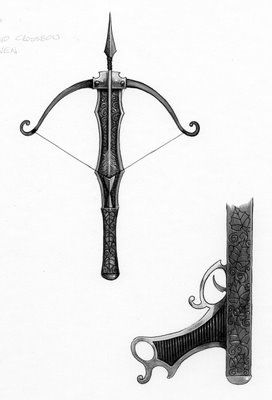 Crossbow (hand) - Chronicles of Arn Wiki Crossbow Medieval, Dnd Rogue Hand Crossbow, Light Crossbow Dnd, Crossbow Character Art, Dnd Light Crossbow, Crossbow Fantasy, Crossbow Dnd, Holding Crossbow Reference, Crossbow Design