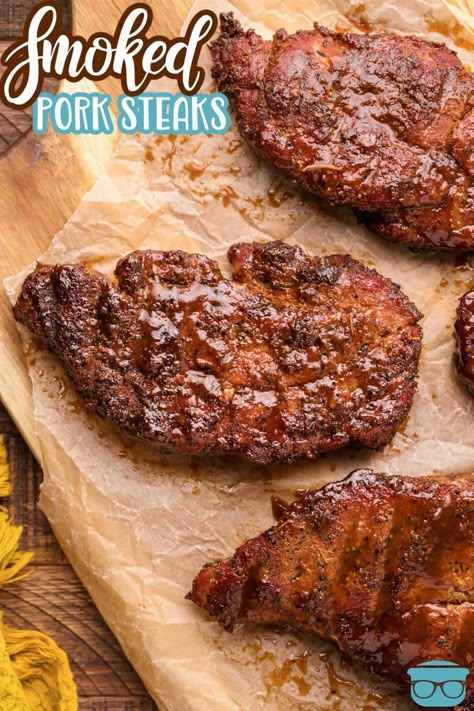 Smoked Pork Steaks Recipe, Smoked Pork Steaks, Pork Shoulder Steak Recipes, Grilled Pork Steaks, Pork Shoulder Steak, Pork Steak Recipe, Smoked Pork Chops, Smoked Pork Shoulder, Traeger Grill Recipes