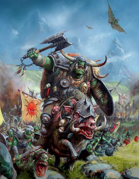 Orques et Gobelins, par Alex Boyd, in Warhammer Battle 7e édition, livre d'armée Orques et Gobelins, par Games Workshop Orc Tattoo, Orc Barbarian, Book Games, Warhammer Fantasy Roleplay, Fantasy Battle, Warhammer Art, Fantasy Races, Warhammer Fantasy, High Fantasy