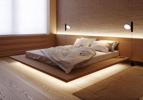 LED Lighting Allows This Bed To Appear As If It’s Floating - Kyiv, Ukraine, 02000 Owners Suite, Suite Bedroom, Floating Bed, Wood Bed Frame, Modern Apartment, Bedroom Bed, Apartment Design, Home Decor Tips, Luxurious Bedrooms