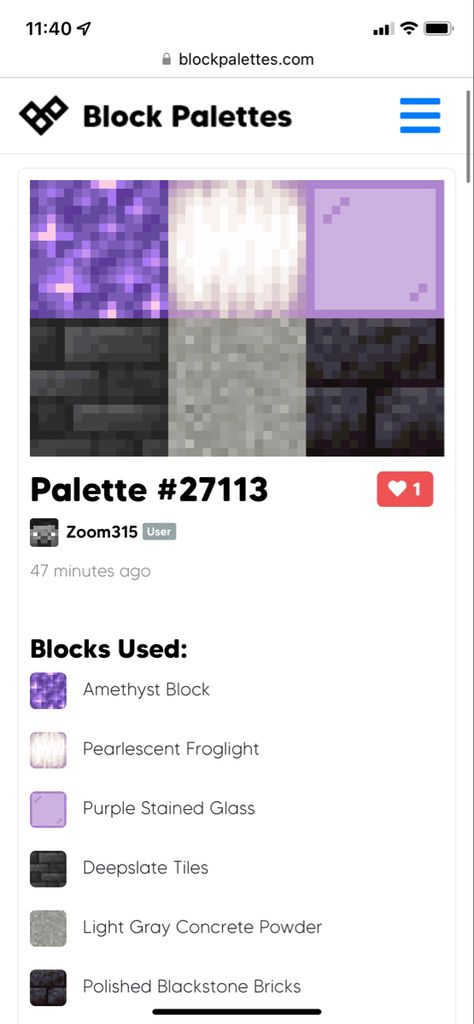 Minecraft Color Palette Purple, Minecraft Blackstone Palette, Purple Minecraft Palette, Blue Minecraft Palette, Cherry Blossom Block Palette Minecraft, Minecraft Dark Block Palette, Dark Minecraft Palette, Mc Block Pallets, Minecraft Amethyst Palette