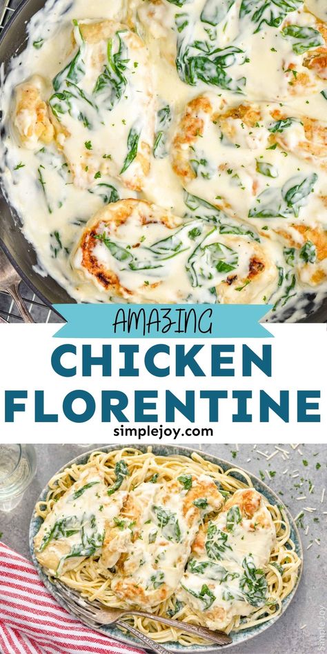 Chicken Florentine is a quick skillet meal that combines pan fried chicken with a creamy béchamel sauce and wilted spinach. This has all the hallmarks of a fancy dinner, while actually being a quick weeknight meal. Easy Fancy Meals Dinners, Creamy Chicken Florentine Pasta, Crockpot Chicken Florentine, Chicken Thigh Spinach Recipes, Chicken With Spinach Recipes, Easy Chicken Florentine, Keto Chicken Florentine, Chicken Francaise Recipe, Chicken Florentine Soup