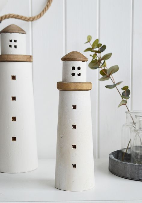 Wooden Distressed Lighthouses - Nautical Coastal Home Accessories Lighthouse Decor Ideas, Lighthouse Diy, Wooden Lighthouse, Diy Nautical Decor, Home By The Sea, White Lighthouse, Lighthouse Decor, Nautical Home Decor, Nautical Diy