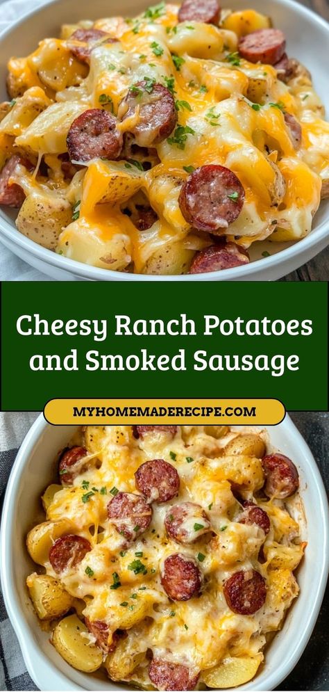 These Cheesy Ranch Potatoes and Smoked Sausage are an easy, hearty meal. The creamy ranch dressing pairs perfectly with the smoky sausage and cheesy potatoes for a dish that’s satisfying and full of flavor. Ingredients: 2 cups diced potatoes 1/2 lb smoked sausage, sliced 1/2 cup shredded cheddar cheese 1/4 cup ranch dressing A cheesy, smoky, and satisfying meal that’s perfect for dinner Sausage And Cheesy Potatoes, Easy Sausage Dinner Recipes, Potatoes And Smoked Sausage, Dinners Simple, Easy Sausage Recipes, Cheesy Ranch Potatoes, Burger Recipes Beef, Smoked Sausage Recipes, Cheesy Ranch