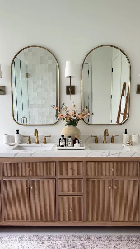 84'' Double Bathroom Vanity with … curated on LTK Double Sink Vanity With 2 Mirrors, Double Sink With Makeup Vanity In Middle, Double Vanity Decor, Stained Wood Bathroom Vanity, Two Sink Vanity Ideas, Brown Vanity Bathroom Ideas, Bathroom Vanity Ideas Double Sink, Double Sink Vanity With Makeup Area, Small Double Vanity Bathroom