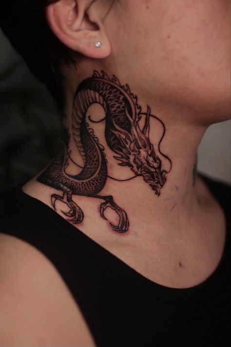 Snake Neck Tattoos For Men, Neck Tattoo For Guys Dragon, Chinese Dragon Neck Tattoo, Snake Tattoos On Neck, Neck Dragon Tattoo, Blackwork Neck Tattoo, Dragon Tattoo On Neck, Anime Neck Tattoo, Neck Tattoo Men Ideas