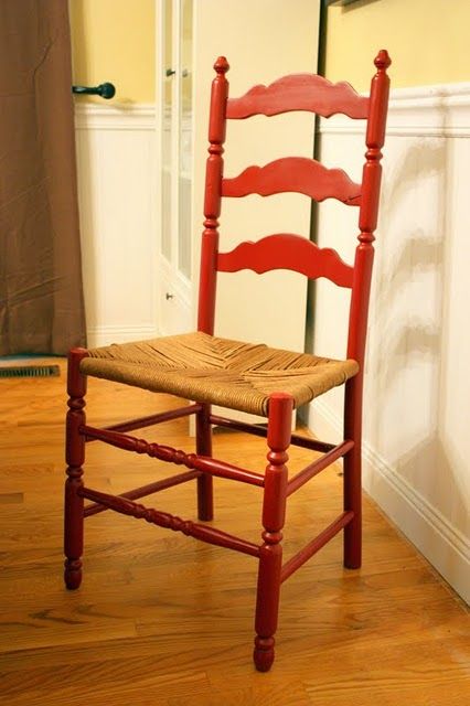 painted rush-seat chair Rush Chair, Red Dining Chairs, Kitchen Eating Areas, Cellar Door, Study Design, Red Chair, Painted Chairs, Painting Kitchen Cabinets, Redo Furniture