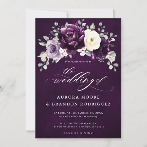 Eggplant Purple Plum Ivory White Floral Wedding Invitation Dark Purple Wedding Invitations, Plum Wedding Ideas, Eggplant Wedding Colors, Silver Anniversary Decorations, Eggplant Purple Wedding, Shades Of Purple Wedding, Plum Wedding Colors, Deep Purple Wedding, Plum Wedding Invitations