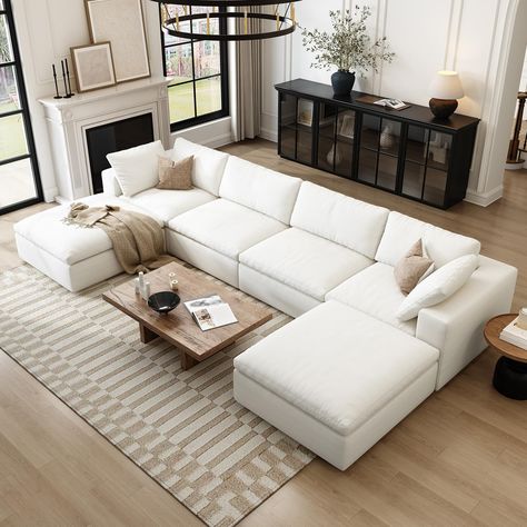 PRICES MAY VARY. 【Free Combination】 Our modular sectional sofa can be used not only as a U-shaped or L-shaped sofa, but also as a sleeper sofa bed for your home. Each section is movable and combinable. Providing high flexibility. You can place it anywhere in any shape according to your needs and preferences. 【Premium Construction】The features a sturdy wooden frame that provides stable support, ensuring excellent durability. high-end breathable chenille fabric, making this modular sectional sofa Modular Sectional Sleeper Sofa, Modular Sectional Sofa Cozy, Large White Couch Living Room, Couch For Family Room, Living Room With Chaise Sectional, U Shaped Couches, 8 Piece Sectional Sofa, Modern Living Room Cream Couch, Living Room 4 Chairs And Sofa