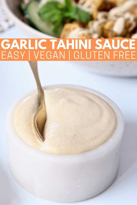 Creamy, flavorful Garlic Tahini Sauce is perfect for drizzling over buddha bowls, salads, shawarma and more! It's easy to make in 10 minutes and so supremely creamy! The flavors of lemon and garlic shine through in this healthy, vegan and Whole30 approved recipe! Shawarma Garlic Sauce, Garlic Tahini Sauce, Shawarma Sauce, Tahini Sauce Recipe, Tahini Recipe, Garlic Sauce Recipe, Healthy Sauces, Sauce For Rice, Buddha Bowls