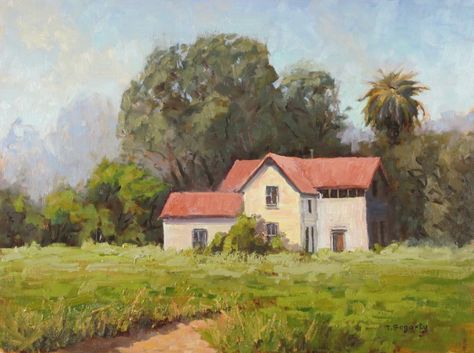 Homestead by Tatyana Fogarty Painting Of A House Acrylic, Farmhouse Oil Painting, Cottage Landscape Painting, Farm Field Painting, Landscape With House Painting, Impressionism Art Landscape, Impressionism Architecture, Landscape Farmhouse, Apocalypse Landscape