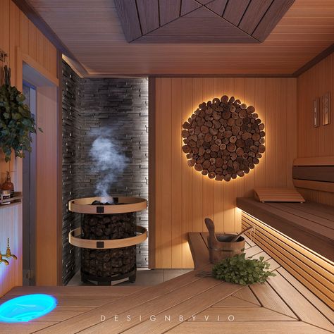 SAUNA 10 on Behance Sauna Decoration Ideas, Modern Sauna Design, Sauna House Plan, Sauna Design Interior, Home Sauna Room, Sauna Lighting, Japanese Sauna, Sauna Decor, Spa Relaxation Room