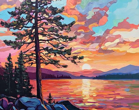 Artwork To Order 👀 **Tahoe Lake Painting Sunset Oil Painting California Landscape Original Art Pine Tree Impasto Painting Lake Shore Wall Art by PaintingGiftsArt** 🌈 **Title "Tahoe Sunset Serenity" 🌈 **Original Hand-Painted Fine Art - One-of-a-Kind** 🌈 **Size 11 x 14 inches 🌈 **Materials Oil paints, panel, palette knife 🌈 **Shipping High-quality protective packaging with tracking number 🌈 **Unframed Needs a frame --- 🎨 **"Tahoe Sunset Serenity"** beautifully captures the tranquil moment when the sun sets over Lake Tahoe, painting the sky in warm hues that reflect off the calm waters. This original oil painting depicts the iconic California landscape, where towering pine trees meet the peaceful shoreline, all brought to life with the texture and depth of impasto technique. 🌅 The 11 Tahoe Painting, Three Piece Painting, Lake Oil Painting, California Painting, Long Landscape Paintings Horizontal, Lake Tahoe Painting, Landscape Sunset, Tree Oil Painting, Painted Sunset