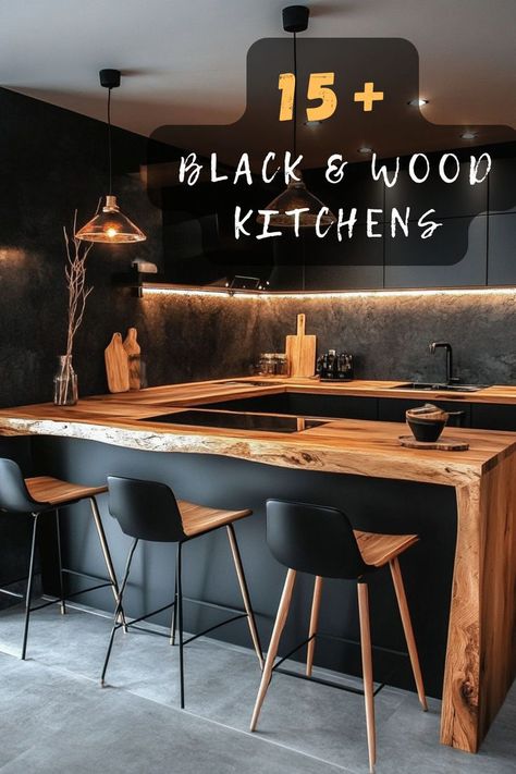 Ready to elevate your kitchen style? Click for black and wood kitchen ideas that offer a sleek yet cozy atmosphere. Elevate your culinary space! 🏡🖤 #ElevateYourHome #KitchenStyle #BlackWoodDecor #CozyHome #SleekDesign Black And Wood Kitchen Ideas, Black And Wood Kitchens, Black And Wood Kitchen, Gray Rooms, Wood Kitchen Ideas, Wood Kitchens, Grey Room, Wood Kitchen, Kitchen Designs