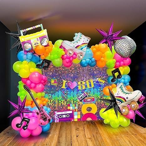 80s Party Balloon Arch, Decades Dance Ideas, Eighties Themed Party, 80s Sweet 16 Party Ideas, 80s Prom Aesthetic Decorations, 80s Prom Party Decorations, 80s Birthday Party Theme Decoration, Retro Disco Party Decor, 70s Theme Birthday Party Ideas