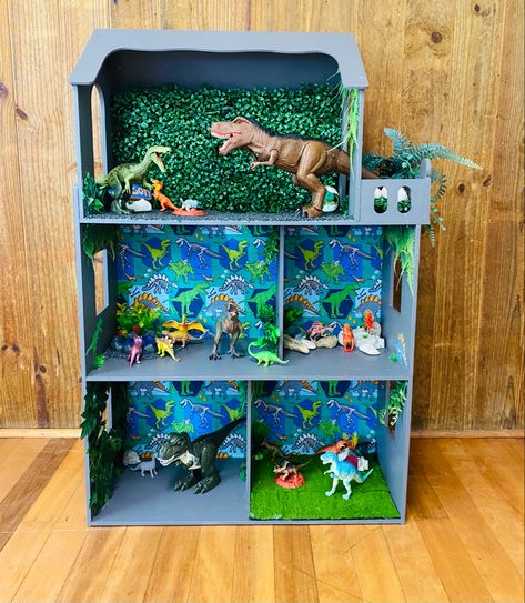 Diy Dinosaur Play House, Dolls House Makeover, Dollhouse Makeover For Boys, Boys Dolls House Ideas, Doll House Makeover Diy, Doll House For Boys Diy, Boys Doll House, Dinosaur Home Corner Role Play, Doll House Makeover