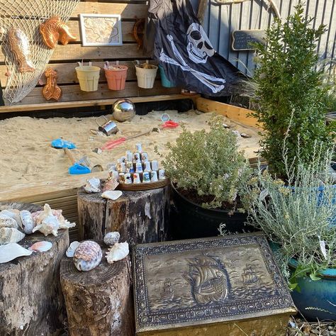 Becki Agar’s Instagram photo: “Added a treasure map, flag and treasure chest full of authentic resources to the sand pit for today....making magic #curiosityapproch…” West Kirby, Garden Kids, Sand Pit, Eyfs Activities, Nursery Activities, Treasure Map, Small Steps, Backyard For Kids, Treasure Maps