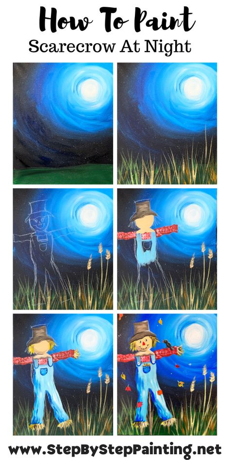 September Painting Ideas Easy, Christian Painting Tutorials, How To Paint A Scarecrow, Halloween Step By Step Painting, Autumn Paintings Easy, Scarecrow Painting On Canvas, Easy Paint Night Ideas, Step By Step Painting For Beginners, Paint Night Ideas Step By Step