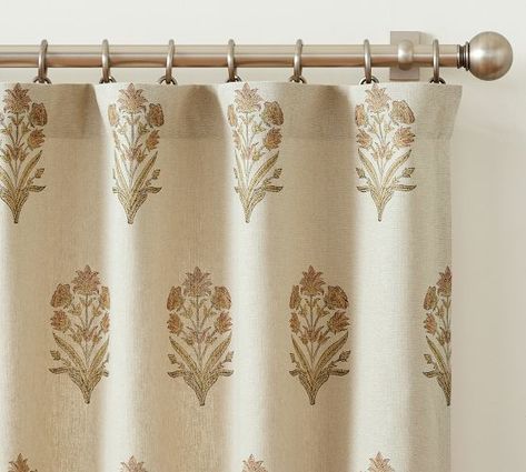 curtains patterned | Pottery Barn Neutral Patterned Curtains, 1910 House, Printed Cotton Curtain, Patterned Curtains, Downstairs Bathroom, Blackout Drapes, Floral Curtains, Cozy Style, Cotton Curtains