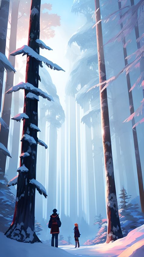 Snowy Anime Wallpaper, Snowy Trees Drawing, Snowy Forest Reference, Snowy Environment Concept Art, Snowy Forest Art, Winter Nature Wallpaper, Snow Reference, Winter Forest Illustration, Snow Digital Art