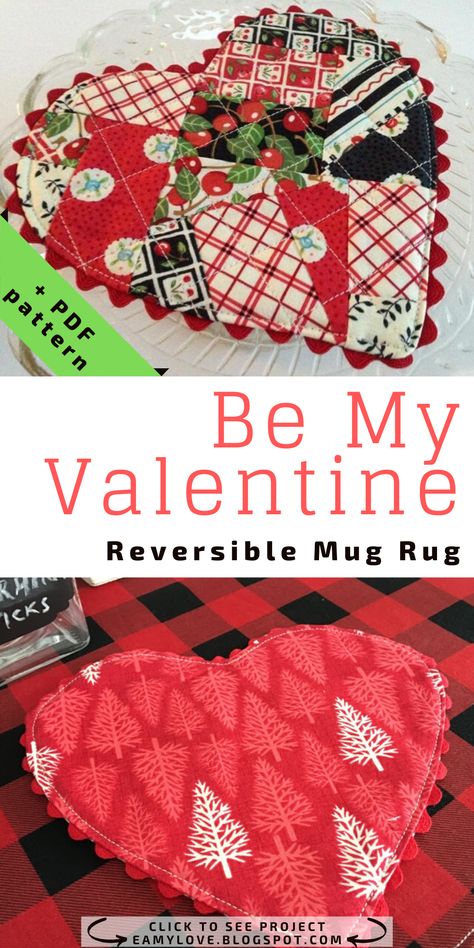 Valentines Day Sewing Projects Simple, Valentine Sewing Gifts, Valentine Placemats Patterns, Valentine Sewing Projects Gift Ideas, Valentine Sewing Projects, Valentine Mug Rugs, Valentines Sewing Projects, Valentine Sewing, Scrap Ornaments