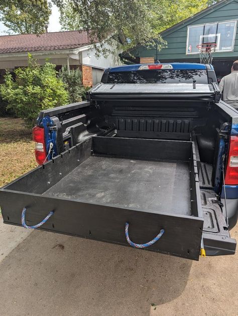 DIY full extension bed drawer for under $200 | MaverickTruckClub - 2022+ Ford Maverick Pickup Forum, News, Owners, Discussions Truck Bed Drawers Diy, Diy Truck Bed Organizer, Pickup Bed Storage Ideas, Truck Bed Slide Out Diy, Homemade Sliders, Truck Bed Drawers, Truck Bed Slide, Diy Truck Bedding, Truck Bed Tool Boxes