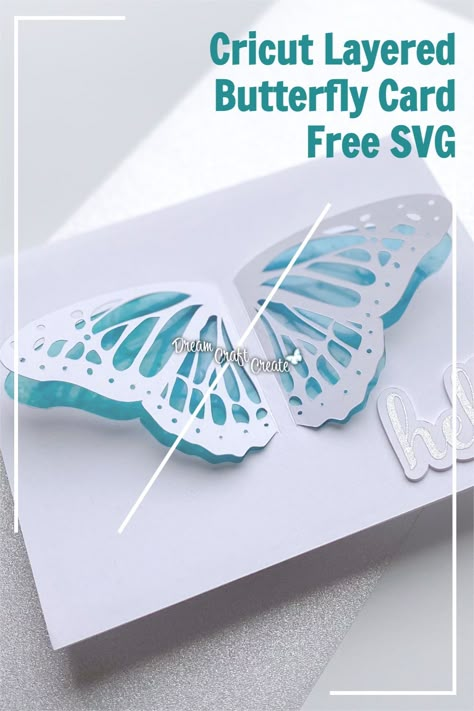 Download this FREE SVG file and watch the tutorial to make a beautiful layered butterfly card with your Cricut! #cricut #card #freesvg #cardtutorial Cricut 3d Cards, Cricut Pop Up Cards Free Svg, Cricut Card Svg, Butterfly For Cricut, Cricut Butterfly Card, Carte Cricut, 3d Butterfly Cricut, Free Svg Butterfly, Butterfly Cricut Card