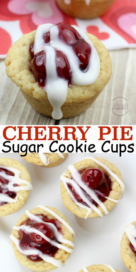 CHERRY PIE COOKIE CUPS RECIPE - Dine Dream Discover Cherry Pie Cookies, Cherry Recipe, Mini Cherry Pies, Pizza Sugar Cookie, Cherry Pies, Sugar Cookie Cups, Valentines Recipes Desserts, Cookie Cups Recipe, Cherry Cookies