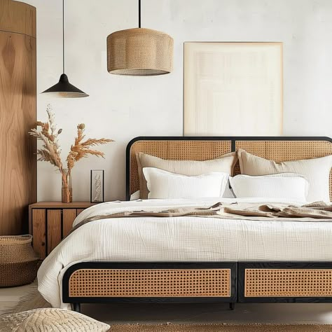 dark_rattan_bedroom_ideas 23 Modern Scandinavian Interior Bedroom, Eclectic Scandinavian Decor, Basic Bed Frame, Scandinavian Bedroom Decor, Rattan Bed Frame, Interior Design Bedrooms, Rattan Bedroom, Rattan Bed, Headboard Bed