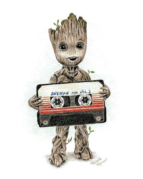 Groot With Awesome Mix Tape - Michelle Marcus Art Baby Groot Drawing, Groot Tattoo, Groot Dancing, Marvel Art Drawings, Avengers Drawings, Groot Marvel, Marvel Tattoos, Cool Room, Marvel Drawings