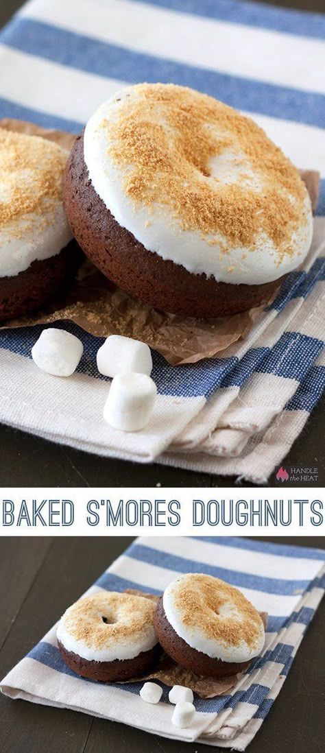 Baked S’mores Doughnuts are made with an easy chocolate doughnut that’s baked instead of fried and topped with marshmallow cream and graham cracker crumbs. Click through for recipe! Chocolate Doughnut, Baked Smores, Chocolate Doughnuts, Donuts Donuts, Homemade Donuts Recipe, Baked Donut Recipes, Donuts Recipe, Homemade Donuts, Doughnut Recipe