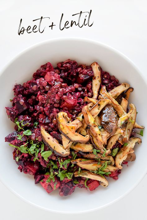 Balsamic Beet, Lentil, and Mushroom Bowls! The most comforting bowl of roasted beets, lentils, and wild mushrooms in a creamy beet-balsamic puree. Naturally cleansing and delicious. Vegan Beets Recipe, Vegan Beet Recipes, Beet Bowl, Mushroom Bowl, French Lentils, Fresh Beets, Wfpb Recipes, Beet Recipes, Small Food Processor