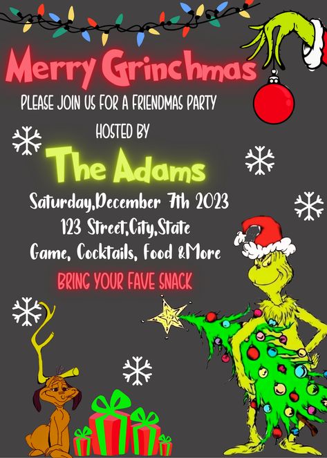 Christmas Friends Party, Friends Party Invitation, Grinch Merry Christmas, Christmas Pajama Party, Merry Christmas Friends, Holiday Party Invite, Winter Party Decorations, Grinch Christmas Party, Christmas Party Invitation Template