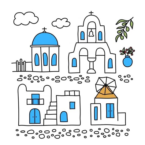 Greece Buildings, Greece Drawing, Greek Drawing, Greek Buildings, Flowers Doodle, Architecture Traditional, House Silhouette, Greece Art, Blue Roof