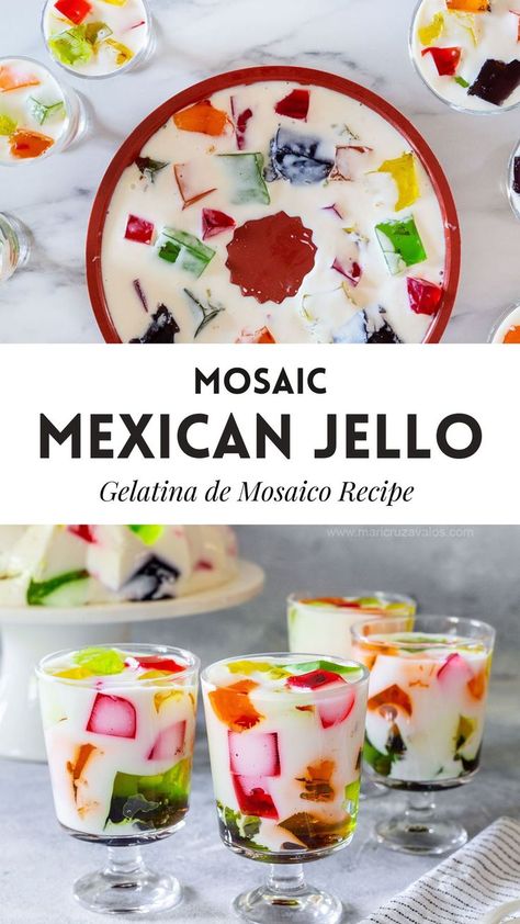 Collage with 2 photos of Mexican Jello "gelatina de Mosaico". Mexican Gelatina, Mexican Jello, Mexican Jello Recipe, Jello Deserts, Traditional Mexican Breakfast, Jello Mold Recipes, Jello Dessert Recipes, Gelatin Recipes, Jello Desserts