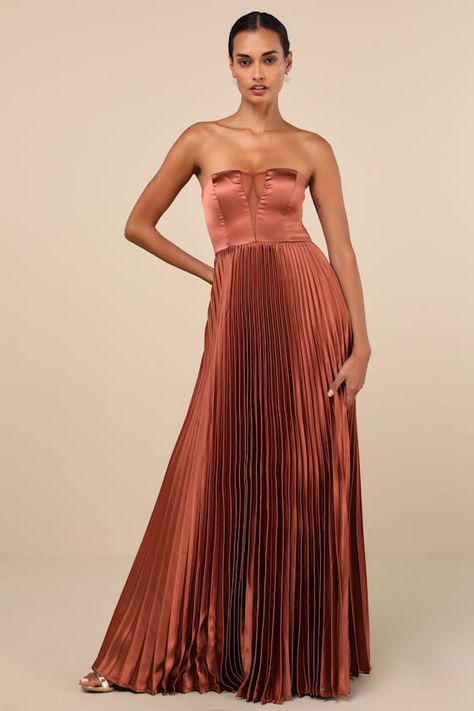 Perfected Elegance Mauve Satin Pleated Strapless Maxi Dress Mauve Dress Formal, Old Rose Dress, Pleated Bridesmaid Dress, Color Palette Theme, Mauve Bridesmaid, Maxi Dress Strapless, Summer Bridesmaids, Pleated Satin Dress, Summer Bridesmaid Dresses