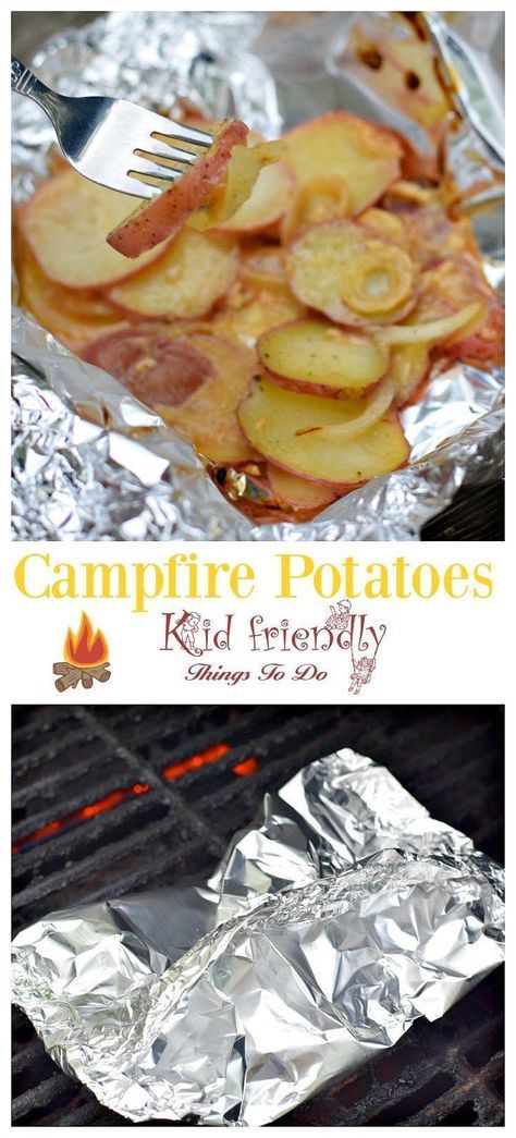 Savory Grilled Foiled Packet Campfire Potatoes - Easy camping recipe for dinner or lunch - www.kidfriendlythingstodo.com Camping Potatoes, Campfire Potatoes, Vegan Quesadilla, Campfire Breakfast, Hobo Dinners, Camping Food Make Ahead, Backyard Food, Campfire Desserts, Camping Snacks