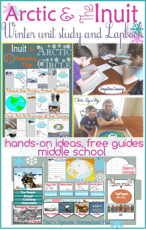 The Arctic and Inuit Free Unit Study and Lapbook. Free Guides, Hands-on Ideas for Middle School @ Tina's Dynamic Homeschool Plus Inuit Preschool Activities, Inuit Unit Study, Inuit Activities, Arctic Habitat Activities, Antarctic Animals Free Printables, Winter Unit Study, Arctic Unit Study, Arctic Vs Antarctic For Kids, Indigenous Teachings