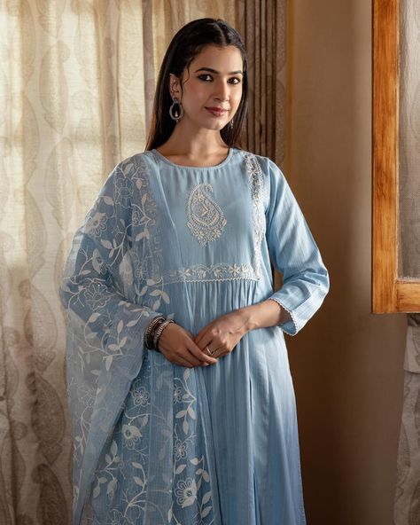 ~NOOR~ Charming Chikankari - New Arrivals! The blend of sky blue with the timeless appeal of Chikankari embroidery Strikes a beautiful visual balance. Textured dobby adds subtle depth to this lightweight kurta in a relaxed fit. Accessories: @tholiaskuber [ Cottons Jaipur, Cotton, Chikankari, Lucknow, Handcrafted, Hand-embroidered, Craftmanship ] #cottons #cottonsjaipur #newarrivals #chikankari #chikankariembroidery #handembroidery #indiancraft #craftmanship #indianart #threads #cottonku... Indian Crafts, Indian Summer, Jaipur, Summer Collection, Breathable Fabric, Blue Sky, Hand Embroidered, Hand Embroidery, Shop Now