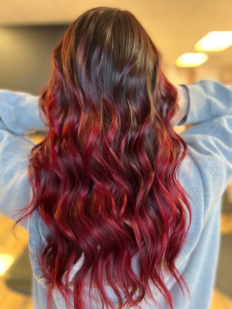 Ombre Brown And Red Hair, Ombre Brown To Red Hair, Red Hair Dye On Light Brown Hair, Bright Red Balayage Hair Brunettes, Light Brown Hair With Red Balayage, Red Dye On Light Brown Hair, Brown Into Red Bayalage, Brown And Red Hair Balayage, Dark Red Roots Light Red Ends