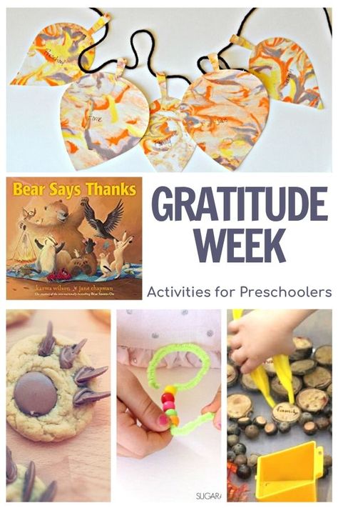 Simple activities and ideas for preschoolers on the theme of Gratitude featuring the book Bear Says Thanks by Karma Wilson. We Are Thankful Preschool Activities, Gratitude Week Preschool, Thankful Unit Preschool, Grateful Activities For Preschool, Teaching Gratitude To Preschoolers, Gratitude Preschool Theme, Giving Thanks Lesson Plans Preschool, November Topics For Preschool, Thankful Week Preschool