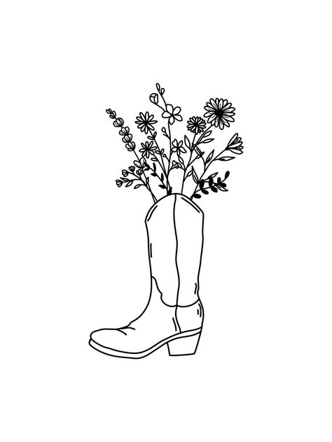 Cowgirl Boot With Flowers Drawing, Cowboy Boots With Flowers Drawing, Cowboy Boot With Flowers Drawing, Boot With Flowers Drawing, Country Sticker Ideas, Boots With Flowers Tattoo, Cowboy Boot Outline, Western Cricut Designs, Cowboy Boot With Flowers